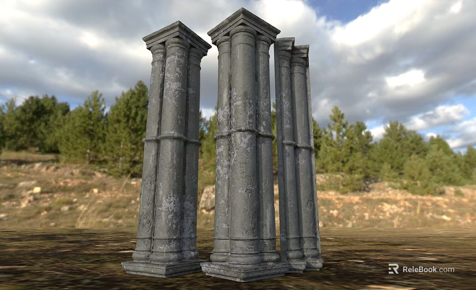 Ancient Stone And Wood Columns With Carved Details Against Blue Sky And Pine Trees 3d model 