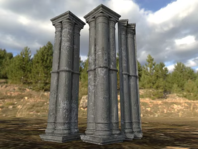 Ancient Stone And Wood Columns With Carved Details Against Blue Sky And Pine Trees 3d model