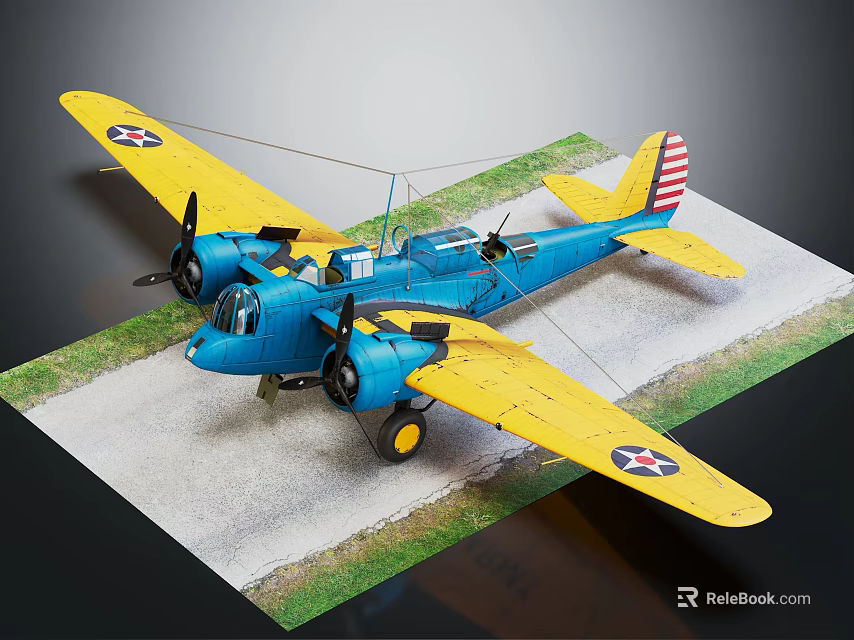 Blue And Yellow Twin Engine Fighter Jet With American Stars And Stripes Insignia 3d model 