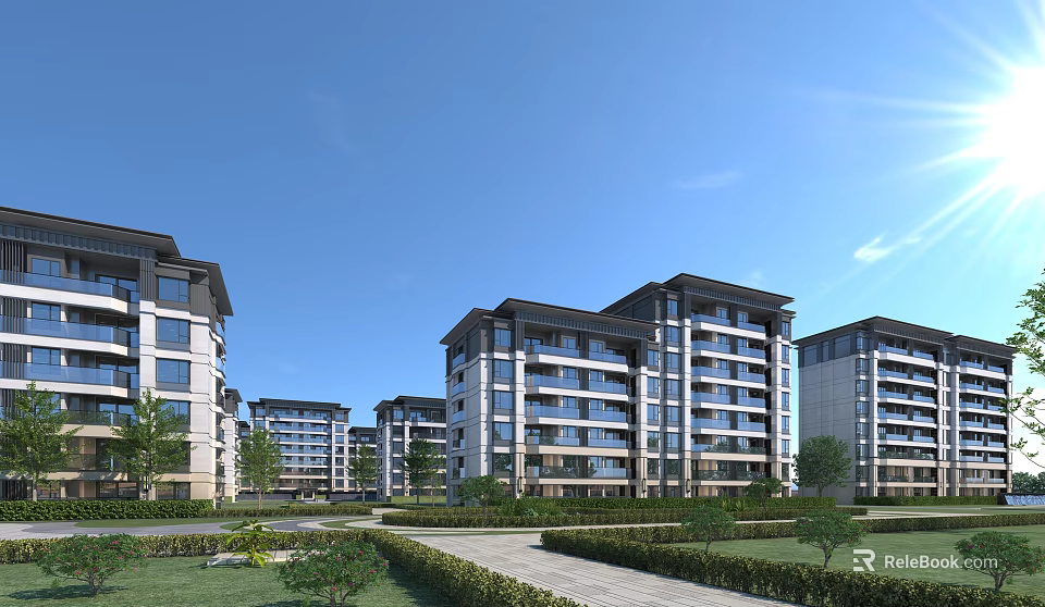 Modern Multi storey Residential Building in Green Community with Lush Greenery and Blue Sky 3d model 