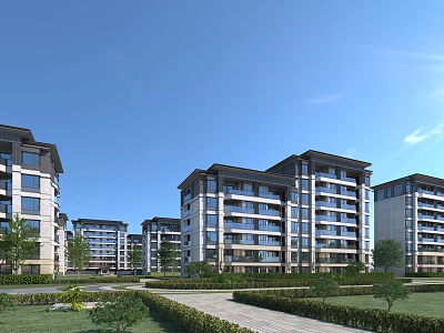 Modern Multi storey Residential Building in Green Community with Lush Greenery and Blue Sky 3d model