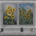 Two Sunflower Oil Paintings with Bright Yellow Blooms on Wall Decorated with Vase and Ornaments