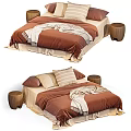 Cozy Double Bed With Brownish Orange Bedspread Striped Pillows Soft Throw Blanket And Wooden Stool