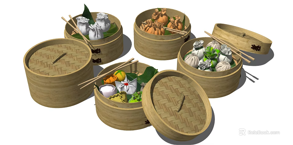 Traditional Chinese Dim Sum Dumplings and Buns in Bamboo Steamers with Chopsticks 3d model 