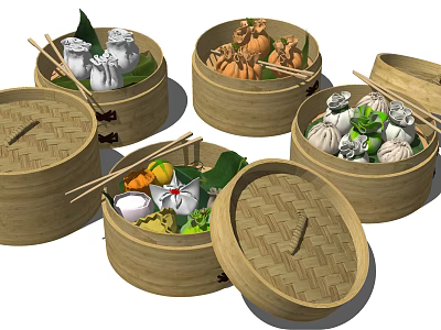 Traditional Chinese Dim Sum Dumplings and Buns in Bamboo Steamers with Chopsticks 3d model