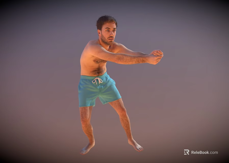 Shirtless Man Stretching Arms Wearing Blue Shorts Against Gray Background 3d model 