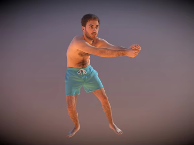 Shirtless Man Stretching Arms Wearing Blue Shorts Against Gray Background 3d model