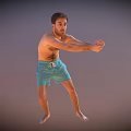 Shirtless Man Stretching Arms Wearing Blue Shorts Against Gray Background