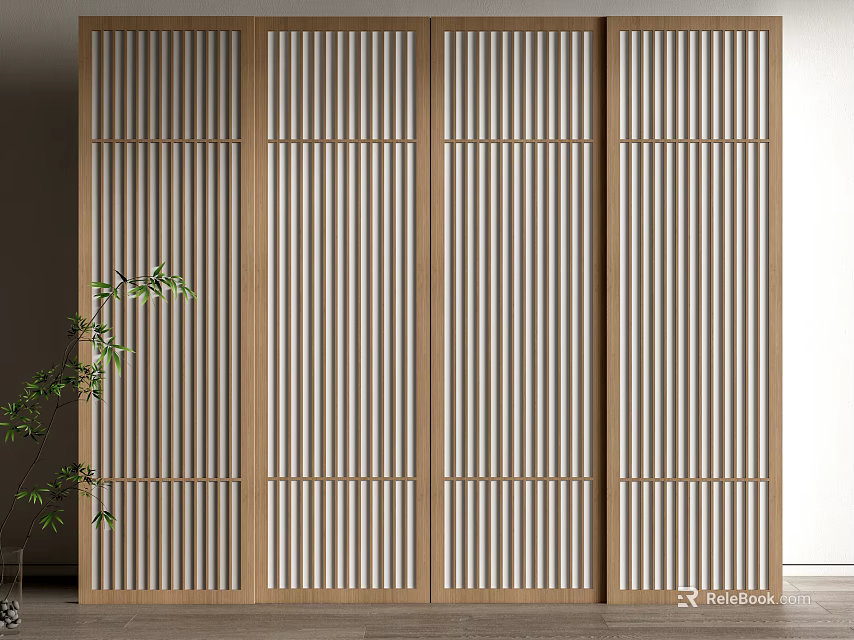 Minimalist Wooden Sliding Doors With Vertical Stripes And Green Plant Accent 3d model 