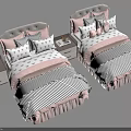 Kids Bed with Pink and Gray Striped Bedspread Star Patterned Pillows and Bedside Tables 3d model