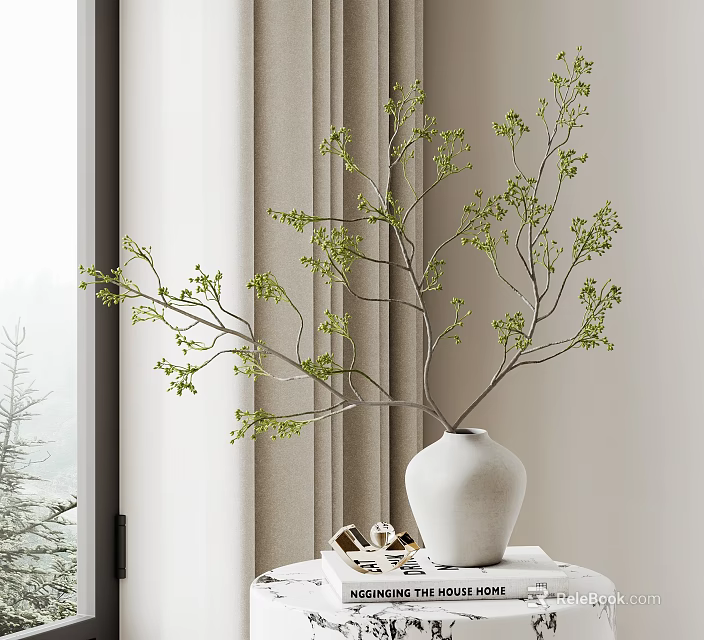 White Ceramic Vase with Green Branches and Small Leaves Placed on Magazines by Window Curtain 3d model 
