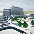 Modern Office Building Complex With Sleek Towers Landscaped Plaza And Greenery
