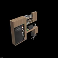 Modern Office Desk Setup With Computer Monitor Wooden Bookshelf Chalkboard Menu And Black Chair