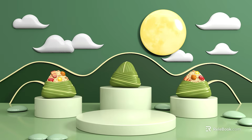 Green Background Landscape Sculpture with Zongzi Shape Yellow Full Moon White Clouds and Wavy Lines 3d model 