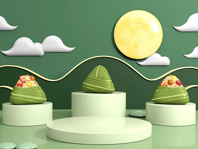 Green Background Landscape Sculpture with Zongzi Shape Yellow Full Moon White Clouds and Wavy Lines 3d model
