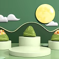 Green Background Landscape Sculpture with Zongzi Shape Yellow Full Moon White Clouds and Wavy Lines