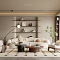Modern Living Room Interior Design With Sofa Armchair Coffee Table Floor Lamp Shelves And Area Rug