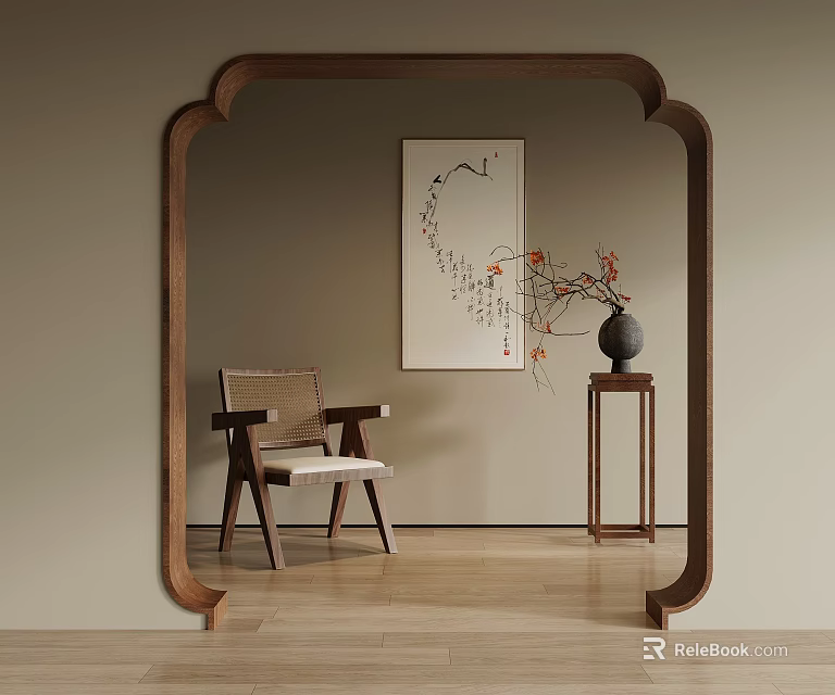 Wooden Door Arch In Traditional Interior With Chair Wall Painting And Vase 3d model 