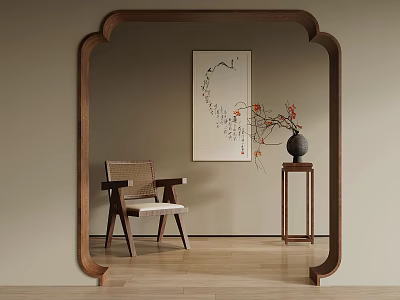 Wooden Door Arch In Traditional Interior With Chair Wall Painting And Vase 3d model