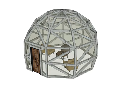 Spherical Dome Tent With Metal Frame Interior Furniture And Wooden Door 3d model