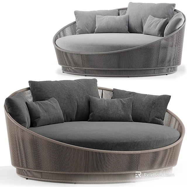 Modern Outdoor Rattan Sofa With Round Design And Gray Comfortable Cushions 3d model 