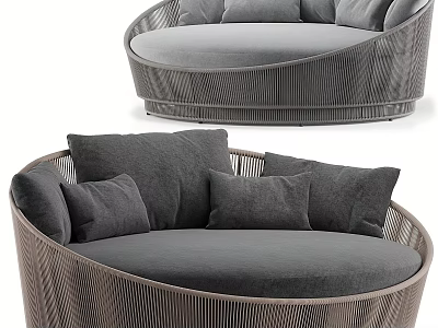 Modern Outdoor Rattan Sofa With Round Design And Gray Comfortable Cushions 3d model