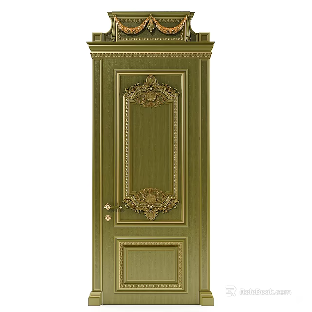 Green Swing Door With Ornate Gold Decorative Carvings And Classic Design 3d model 