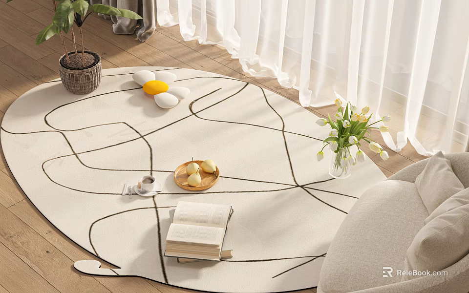 Stylish Rug In Living Room With Decor And Furniture 3d model 