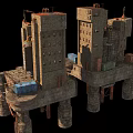 Stone Architectural Components Featuring Tower Like Structures On Pillar Supported Platforms With Crates 3d model