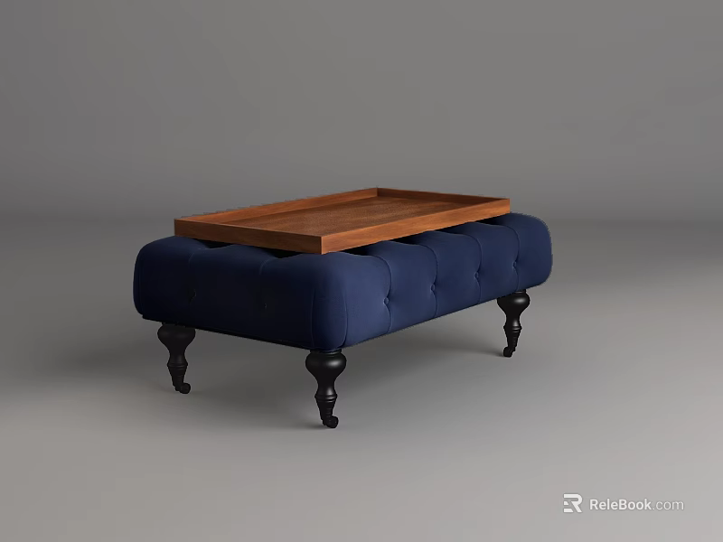 Tufted Blue Upholstered Coffee Table with Wooden Tray Top and Black Legs 3d model 