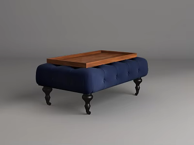 Tufted Blue Upholstered Coffee Table with Wooden Tray Top and Black Legs 3d model