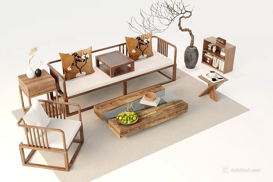 Wooden Sofa and Coffee Table Set With Decorative Pillows Side Table and Decor Items 3d model
