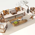 Wooden Sofa and Coffee Table Set With Decorative Pillows Side Table and Decor Items 3d model