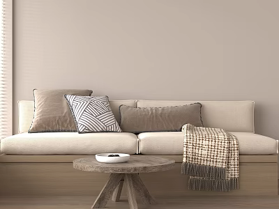 Modern Beige Banquette Sofa with Cozy Pillows Wooden Table and Knit Throw Blanket 3d model