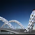Modern Arch Bridge Urban Night View With LED Lighting And Steel Structure Design