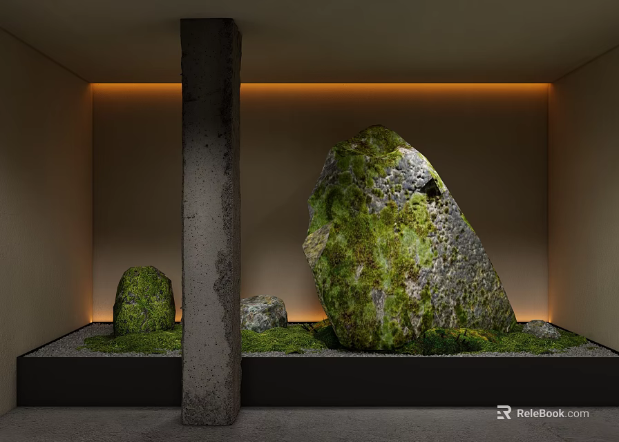 Garden Courtyard Design With Moss Covered Stones Warm Lighting And Concrete Pillar 3d model 