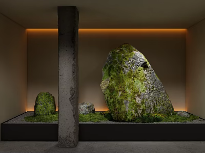 Garden Courtyard Design With Moss Covered Stones Warm Lighting And Concrete Pillar 3d model