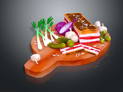 Cured Meat with Green Onions Red Onion Garlic Pickles Olives and Salt on Wooden Board 3d model