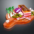 Cured Meat with Green Onions Red Onion Garlic Pickles Olives and Salt on Wooden Board