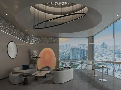 Contemporary Lounge Area With Circular Chandelier Sofa And City View Through Large Windows 3d model