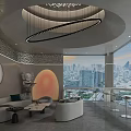 Contemporary Lounge Area With Circular Chandelier Sofa And City View Through Large Windows