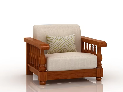 Solid Wood Armrest Single Sofa With Beige Fabric Cushion And Striped Pillow 3d model