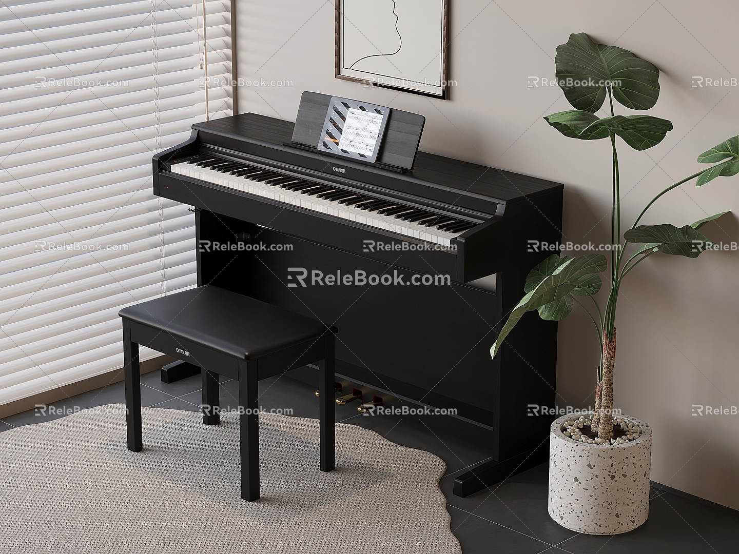 Modern Black Electric Piano Piano Stool 3d model