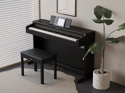 Stylish Digital Piano Setup With Bench Green Plant Window Blinds And Wall Painting 3d model