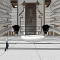 Front Desk Reception In Grand Hall Interior With Multi Level Structure Decorative Screen Wooden Staircases 3d model