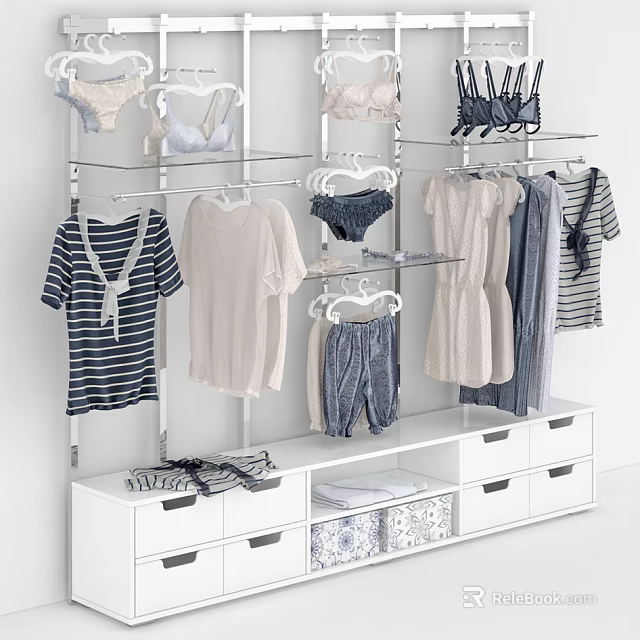 Retail Clothing Display Racks Featuring Hanging Tshirts Underwear Shirts And Storage Drawers 3d model 