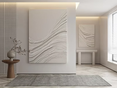 Abstract Paintings With Wavy Texture In Modern Interior White Wall Wooden Table Vase Gray Rug 3d model