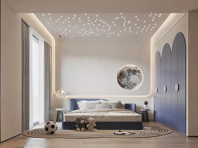 Modern Kids Bedroom With Star Lights Moon Decor Blue Bed And Stuffed Toys 3d model