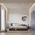 Modern Kids Bedroom With Star Lights Moon Decor Blue Bed And Stuffed Toys