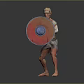 Man As Ancient Warrior Standing Barefoot Holding Round Red Blue Shield